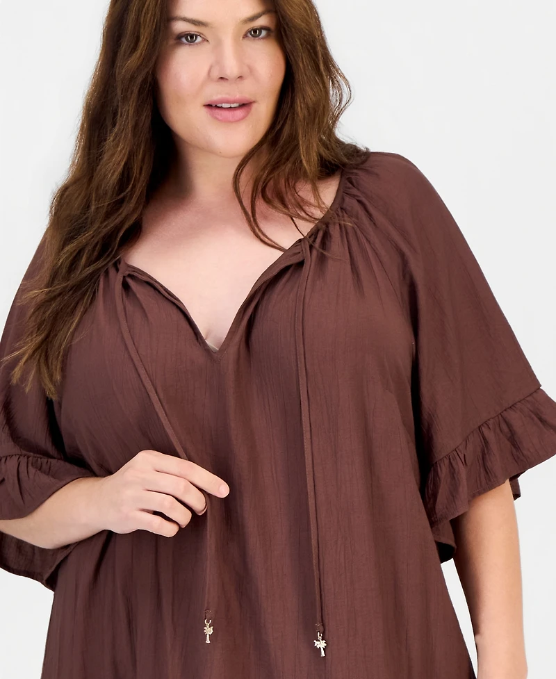 Robbie Bee Plus Ruffle-Hem Bell-Sleeve Split-Neck Dress
