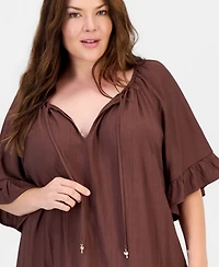 Robbie Bee Plus Ruffle-Hem Bell-Sleeve Split-Neck Dress