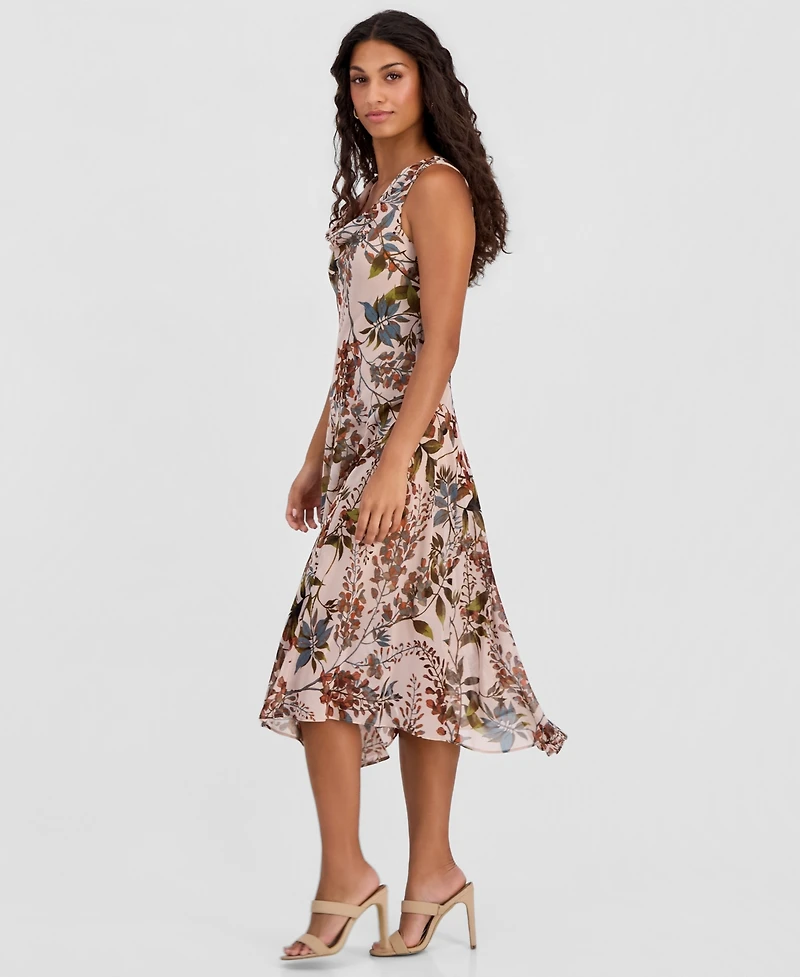 Robbie Bee Petite Printed Chiffon Drape-Neck Midi Dress