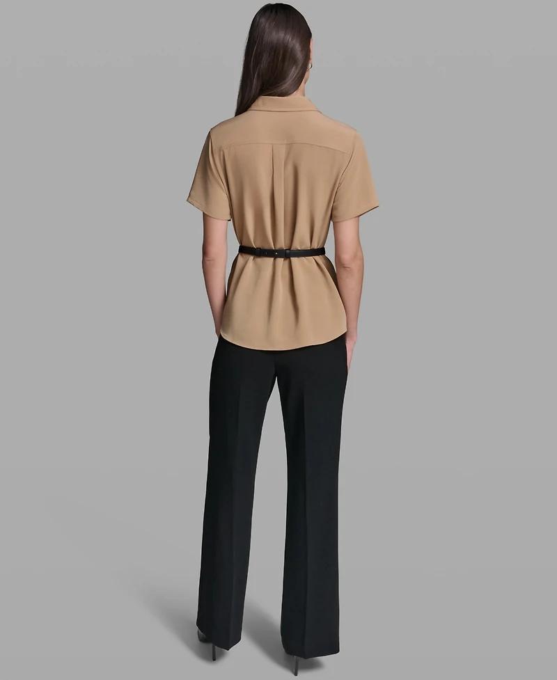 Karl Lagerfeld Paris Women's Short-Sleeve Belted Woven Top