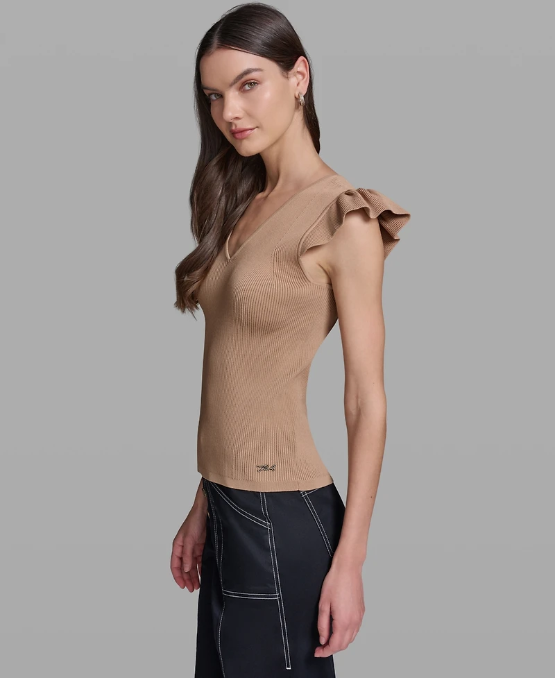 Karl Lagerfeld Paris Women's V-Neck Flutter Cap-Sleeve Sweater