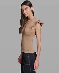 Karl Lagerfeld Paris Women's V-Neck Flutter Cap-Sleeve Sweater