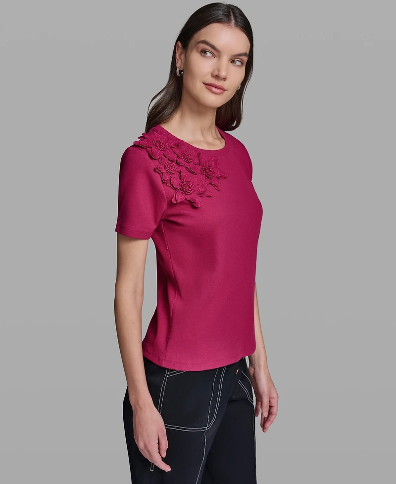 Karl Lagerfeld Paris Women's Floral Applique Short-Sleeve Rib Knit Top