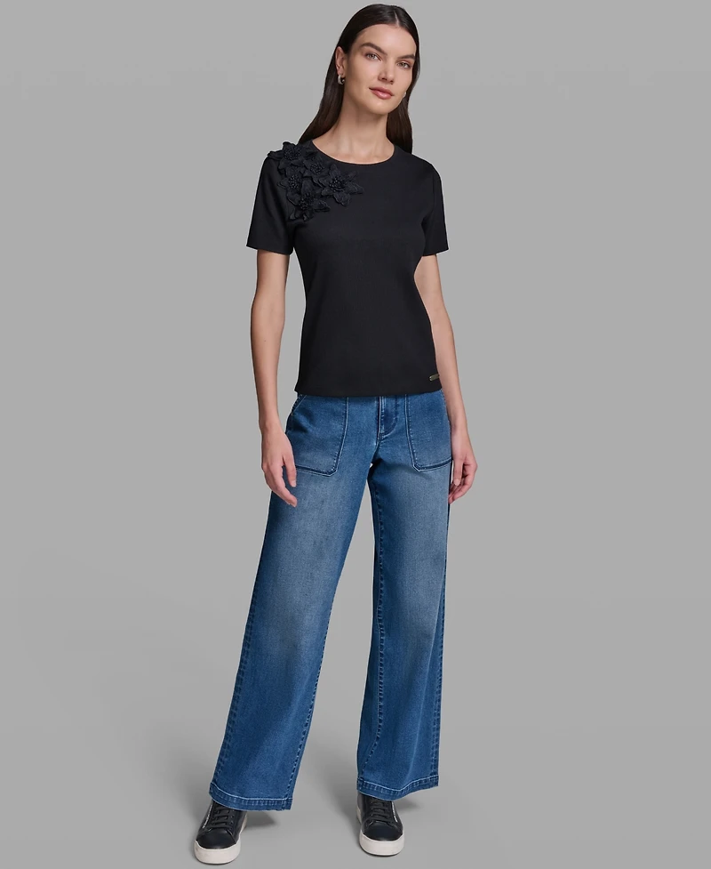 Karl Lagerfeld Paris Women's Floral Applique Short-Sleeve Rib Knit Top