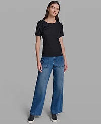 Karl Lagerfeld Paris Women's Floral Applique Short-Sleeve Rib Knit Top