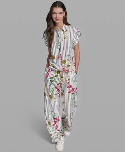 Karl Lagerfeld Paris Womens Short Sleeve Bungee Woven Collared Top Soft Mid Rise Pull On Pants