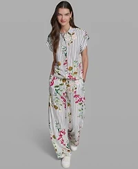 Karl Lagerfeld Paris Womens Short Sleeve Bungee Woven Collared Top Soft Mid Rise Pull On Pants