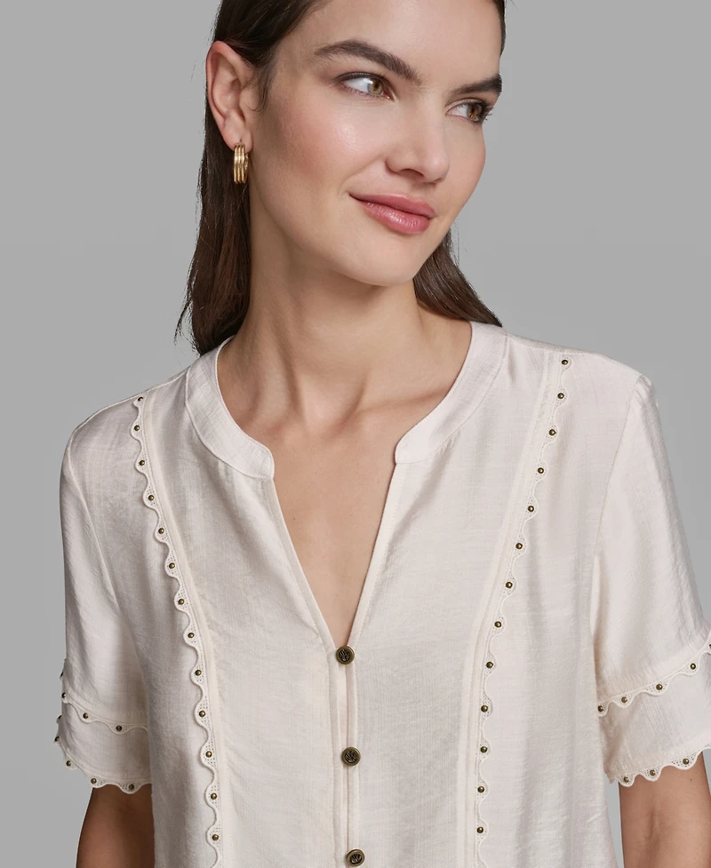 Karl Lagerfeld Paris Women's Short-Sleeve Nailhead Trim Woven Top