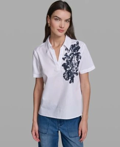 Karl Lagerfeld Paris Womens Poplin Floral Embroidered Collared Top