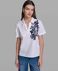 Karl Lagerfeld Paris Womens Poplin Floral Embroidered Collared Top