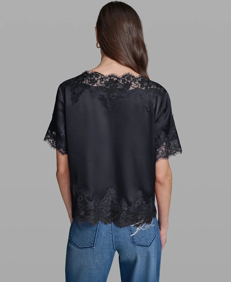 Karl Lagerfeld Paris Women's Short-Sleeve Lace Trim Blouse