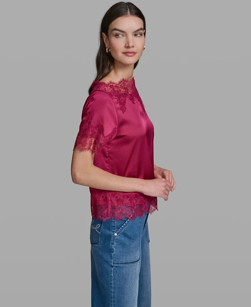 Karl Lagerfeld Paris Women's Short-Sleeve Lace Trim Blouse