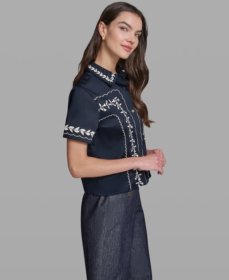Karl Lagerfeld Paris Women's Short-Sleeve Embroidery Shirt
