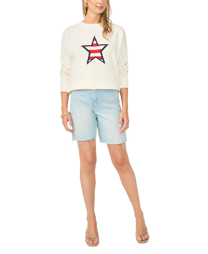 Vince Camuto Women's Star Stripes Motif Crewneck Sweater