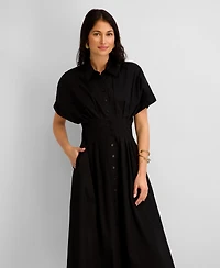 Kensie Women's Button-Front Cinched Waist Cotton Midi Shirt Dress