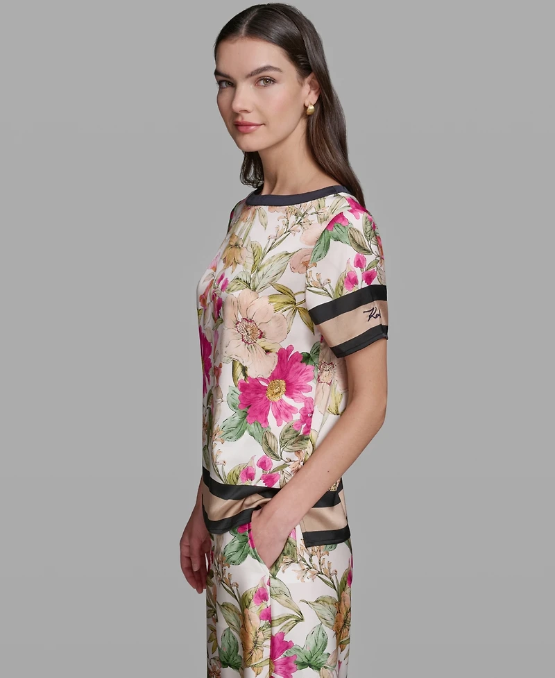 Karl Lagerfeld Paris Petite Printed Oversized Boat Neck Blouse