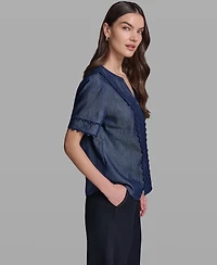 Karl Lagerfeld Paris Women's V-Neck Nailhead Trim Short-Sleeve Blouse