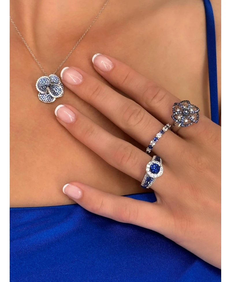 Suzy Levian Sterling Silver Sapphire and Created White Pave Peony Flower Pendant