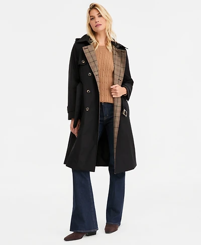 London Fog Women's Plaid-Collar Belted Trench Coat, Created for Macy's