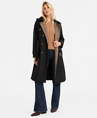 London Fog Women's Plaid-Collar Belted Trench Coat, Created for Macy's