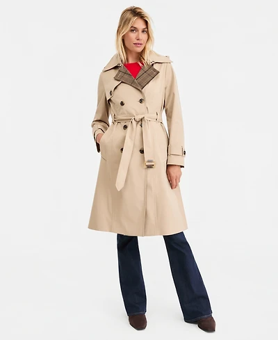 London Fog Women's Plaid-Collar Belted Trench Coat, Created for Macy's