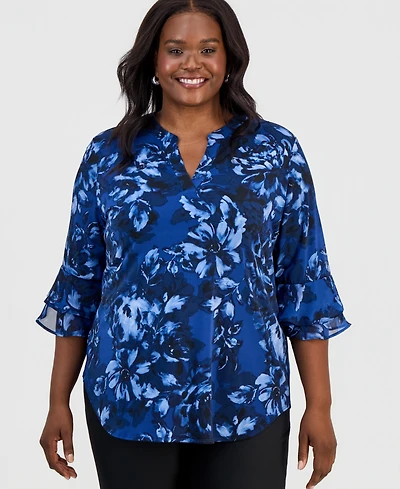 Kasper Plus Split-Neck Printed Flutter-Sleeve Top