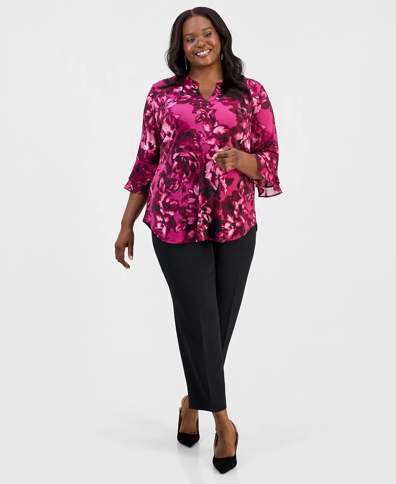 Kasper Plus Split-Neck Printed Flutter-Sleeve Top