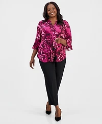 Kasper Plus Split-Neck Printed Flutter-Sleeve Top