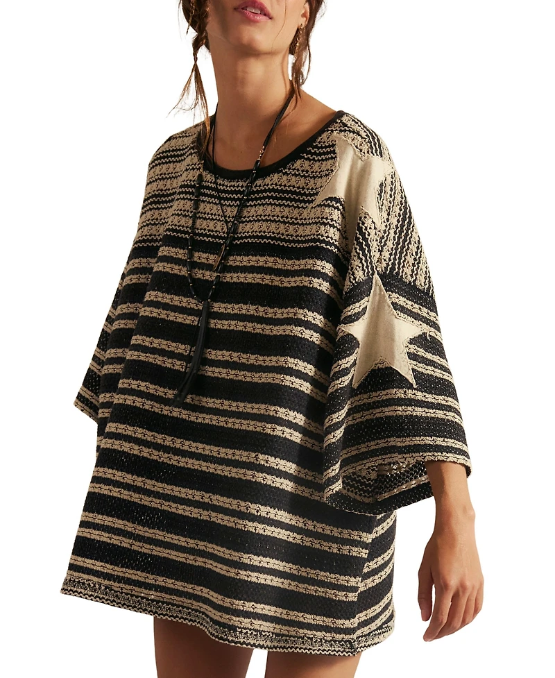 Free People Women's Fun Oversized Crewneck Striped Crochet T-Shirt