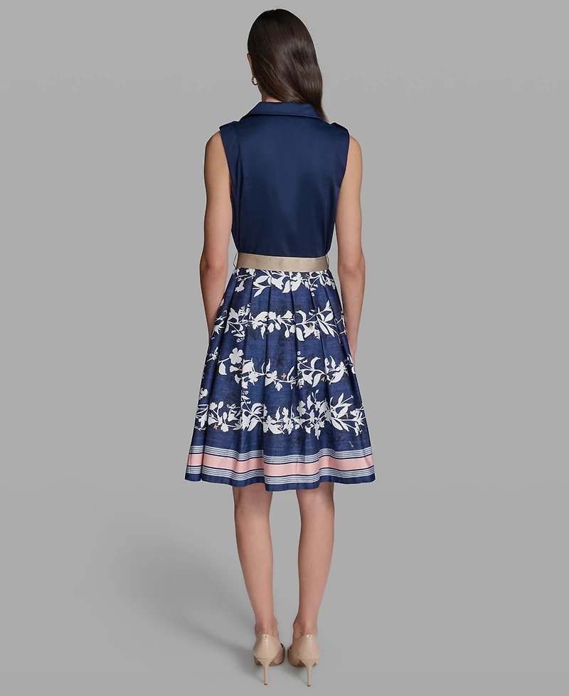 Karl Lagerfeld Paris Petite Collared Neck Belted Dress