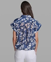 Karl Lagerfeld Paris Petite Printed Collared Neck Bungee Top