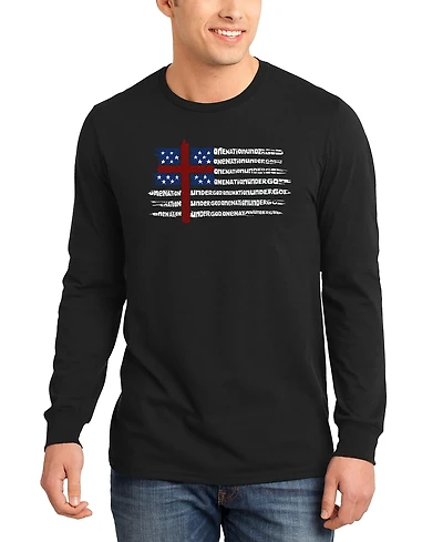 La Pop Art Men's One Nation Under God American Flag Cross Word Long-Sleeve T-Shirt