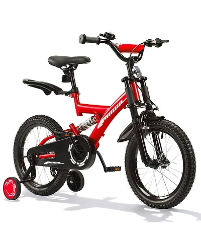 18" Kids Bike with Adjustable Seat, Dual Brakes, Suspension and Training Wheels for Ages 6–9