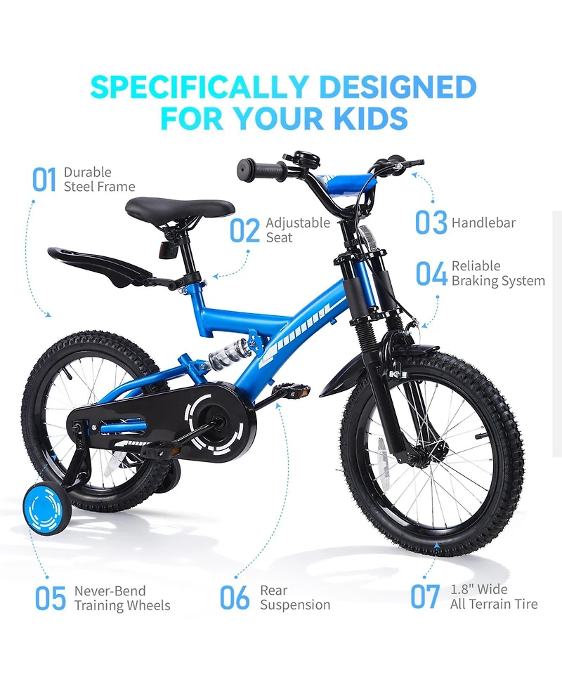 16" Kids Bike with Adjustable Seat, Dual Brakes, Suspension and Training Wheels for Ages 4–7
