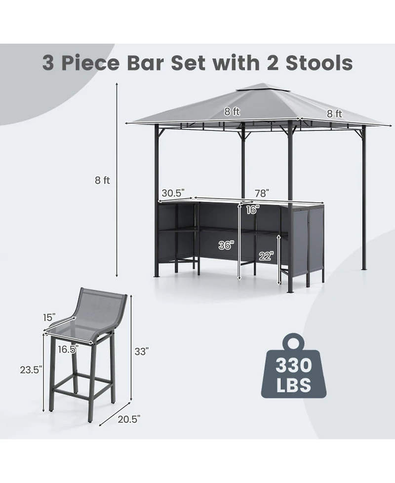 Sugift 3-Piece Patio Bar Set 8 x 8 Ft Double-Tier Grill Gazebo with 2 Bar Stools