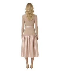 Modenaire Women's Ribbed Knit Satin Belted Midi Dress