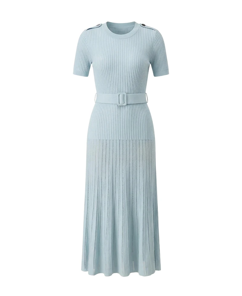Modenaire Women's Ribbed Knit Belted Pleated Midi Dress