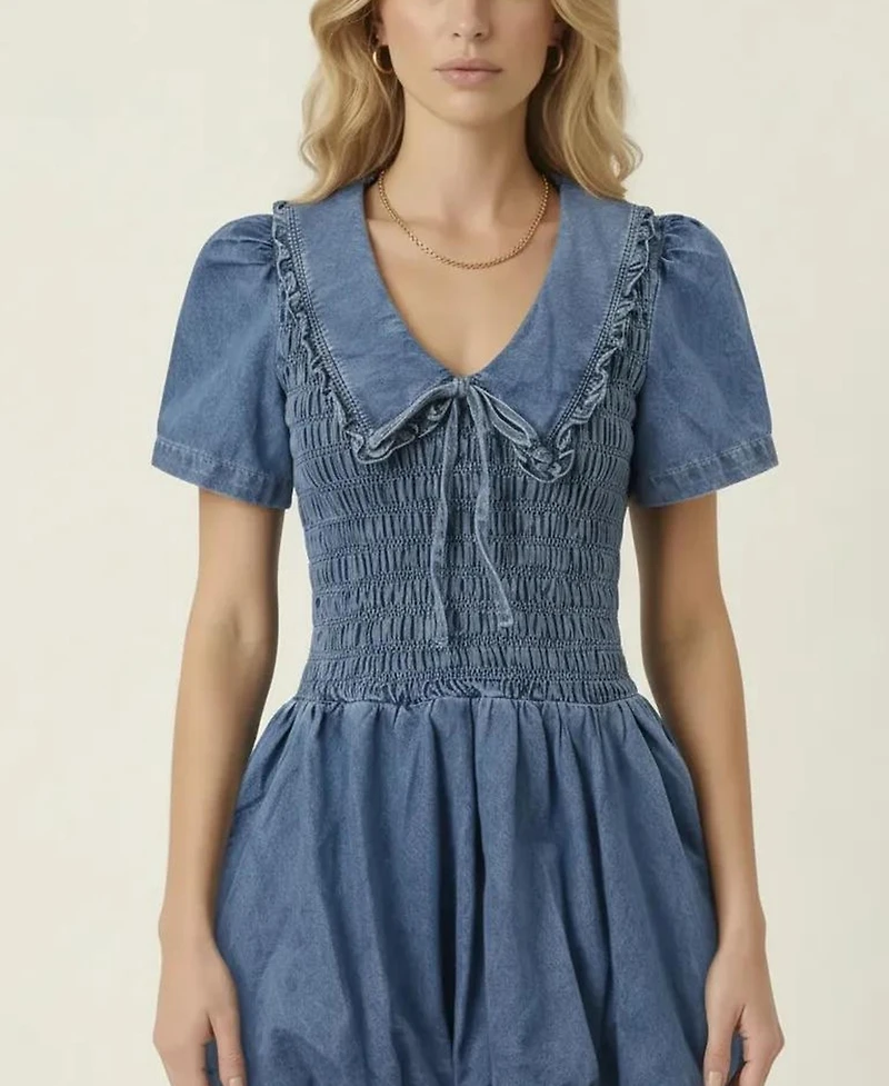 Modenaire Women's Smocked Denim Ruffle-Collar Mini Dress