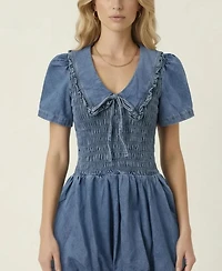 Modenaire Women's Smocked Denim Ruffle-Collar Mini Dress