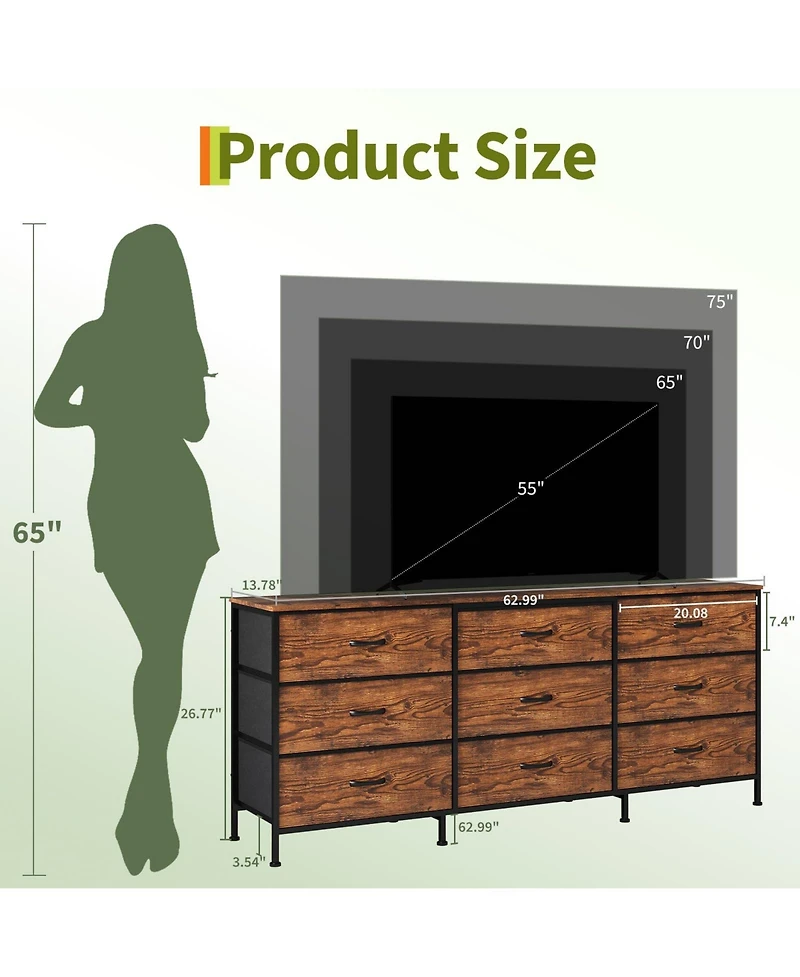 gaomon Tv Stand Dresser with 9 Fabric Drawers for TVs , Entertainment Center Storage Organizer