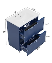 Busdays Bathroom Vanity with Ceramic Sink Full Extension Drawers Soft Close Slides Fluted Design Blue Freestanding Storage Cabinet