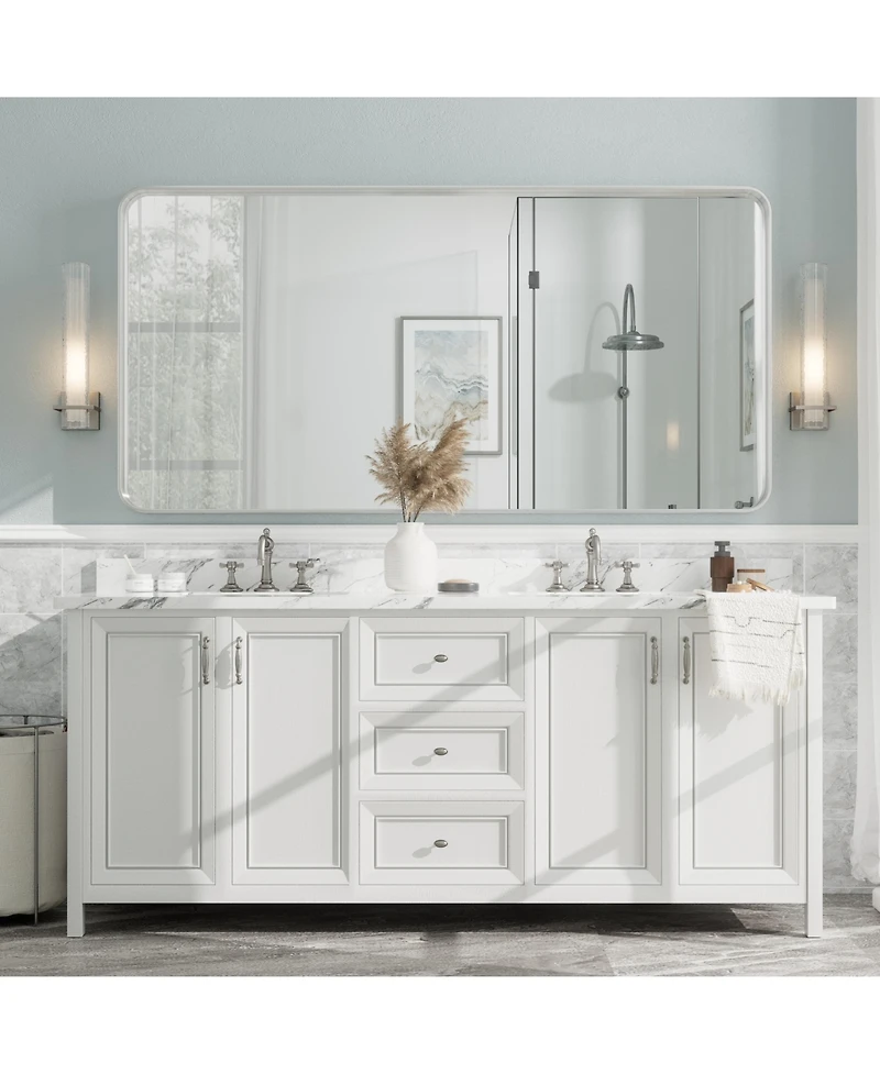 Apmir 72" x 36" High-Strength Tempered Glass and Aluminum Alloy Framed Wall Decor Bathroom Vanity Mirror in Brushed Silver