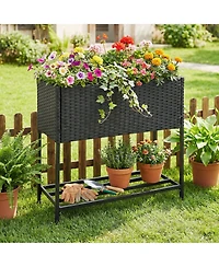 Gymax Elevated Planter Box Raised Garden Bed With Rattan Surface Bottom Storage Shelf