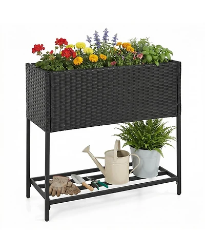 Gymax Elevated Planter Box Raised Garden Bed With Rattan Surface Bottom Storage Shelf