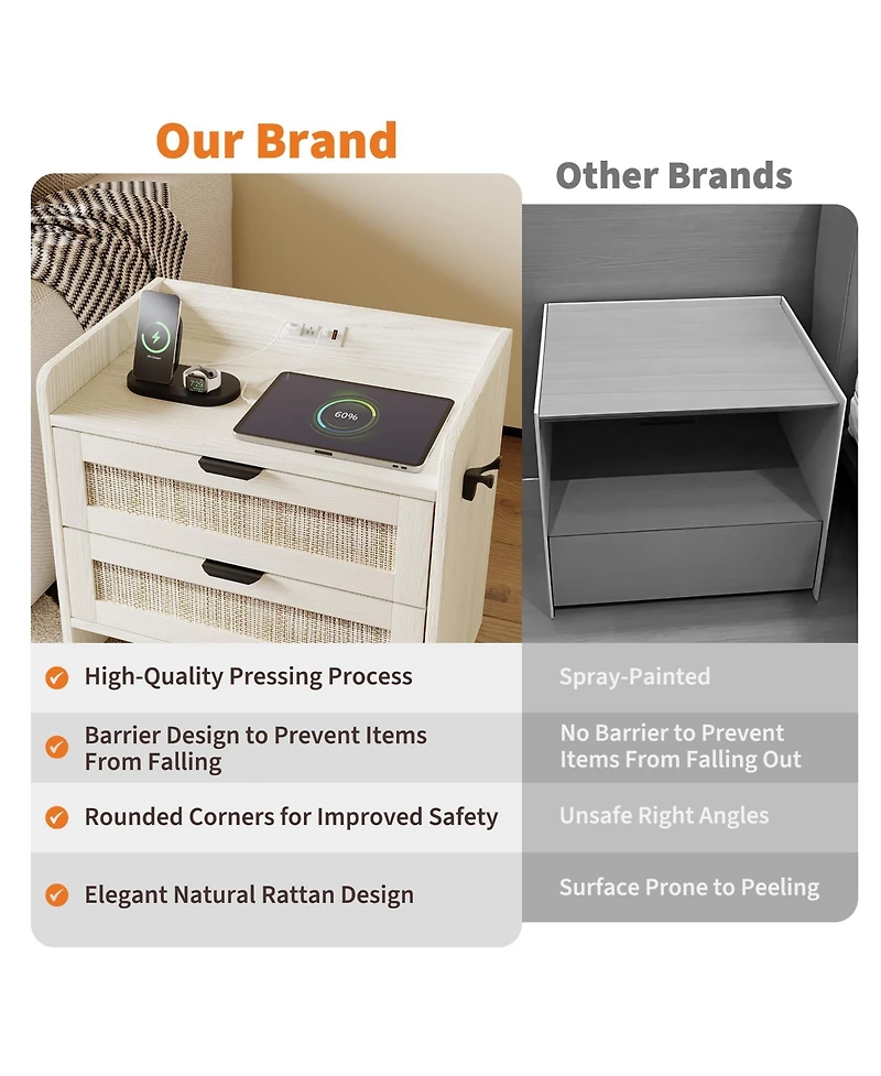 gaomon Adults 2-Drawer Rattan Nightstand - Wood Bedside Table for Bedroom Storage