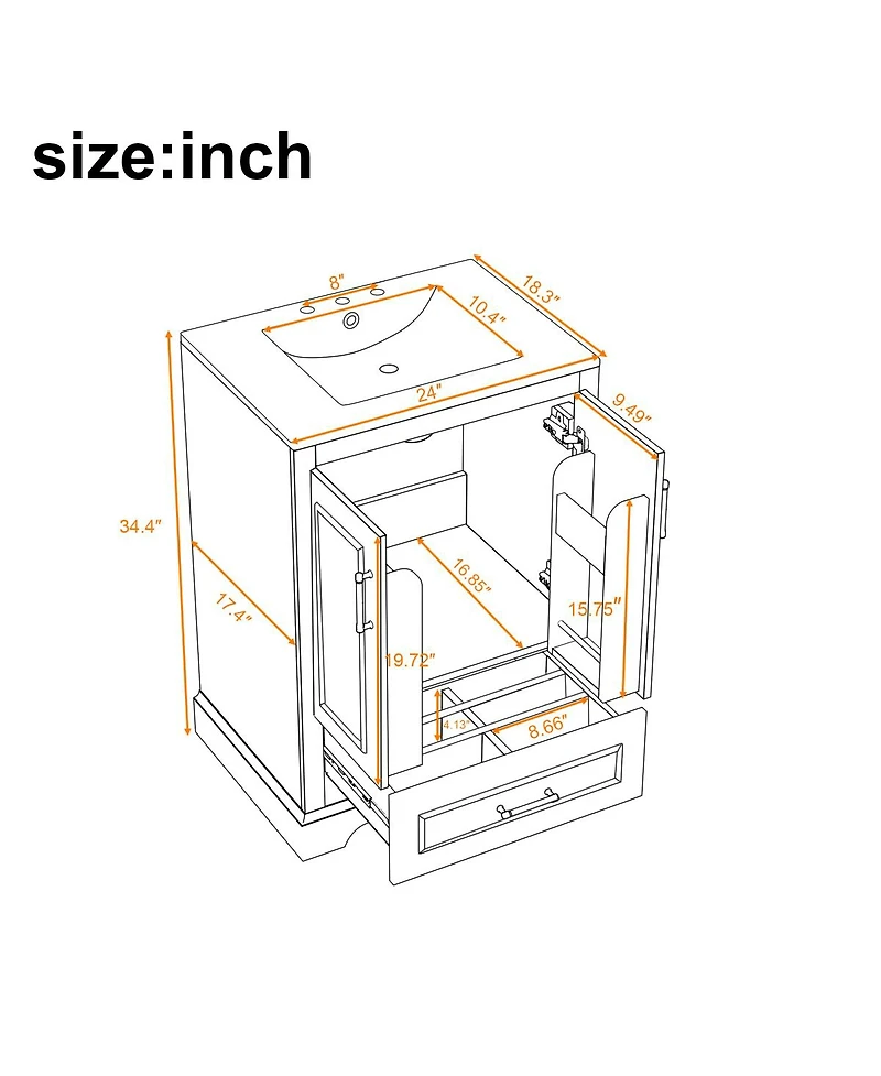 Sillysis 24 Inch Bathroom Vanity with Ceramic Sink, Solid Wood Cabinet, Soft Close Doors and Divided Drawer for Small Bathrooms