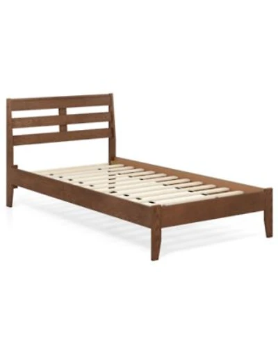 Slickblue Wooden Platform Bed Frame With Slatted Headboard Durable Support For Bedroom