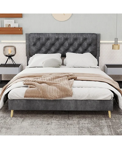 Rainsken Bed Frame, with Suede Upholstered Headboard, Under Storage, Wood Slats Support, No Box Spring Needed, Easy Assembly