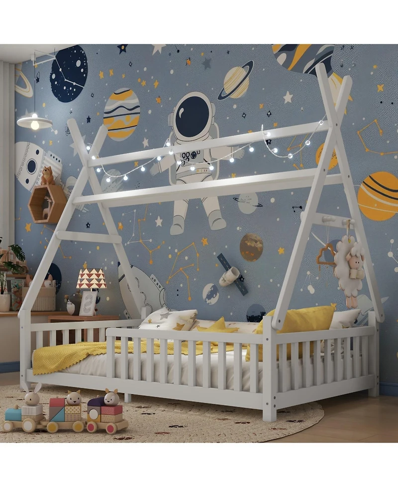 Rainsken Montesori Floor Bed for Kids, with Light and Slats, Wood Teepee Bed, Low House No Box Spring Needed