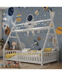 Rainsken Montesori Floor Bed for Kids, with Light and Slats, Wood Teepee Bed, Low House No Box Spring Needed